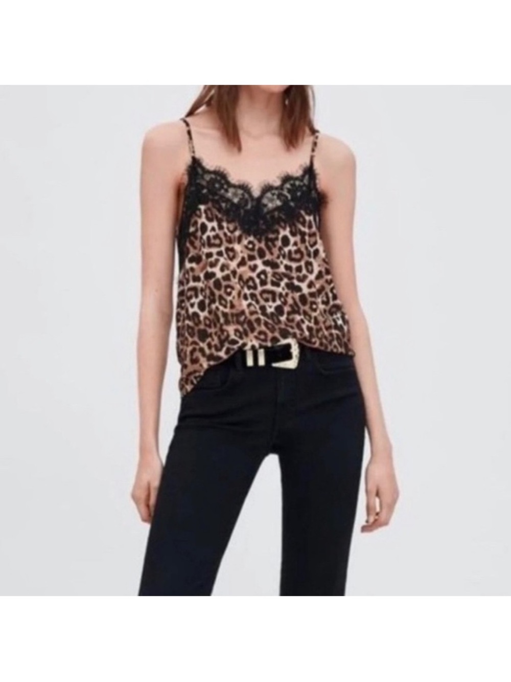 NWT Zara Animal Leopard Print Camisole with Black Lace Trim Size Small